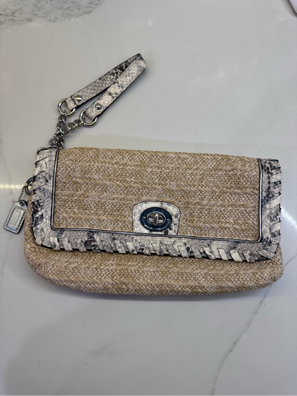 Coach Bags | Authentic Coach Hampton Straw & Python Leather Trim Wristlet- New